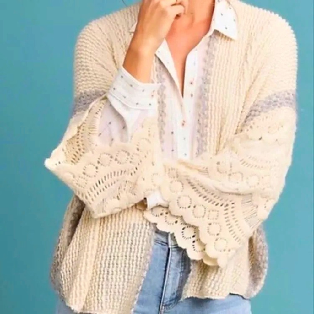 Anthropologie Rosanna Crochet Kimono Sweater Cream Grey Shawl Cardigan One Size